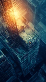 Aerial Construction Site with Golden Sunlight and Urban Shadows.