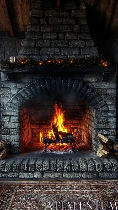 Fireplace with Active Flames and Mantel Decorations