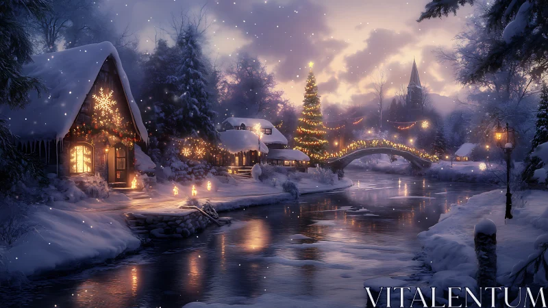 Snowy Christmas village glows with lights beside a river.