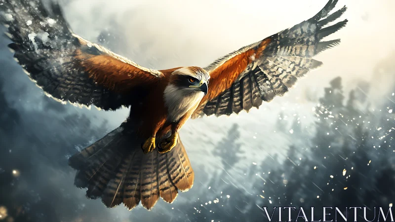Majestic Eagle Soaring Over Snowy Forest in Dramatic Digital Art.