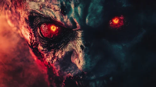 Demonic undead close-up with burning red eyes in fog.