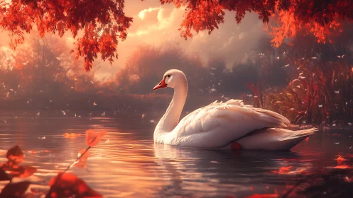 White swan on reflective lake in dense autumn foliage.