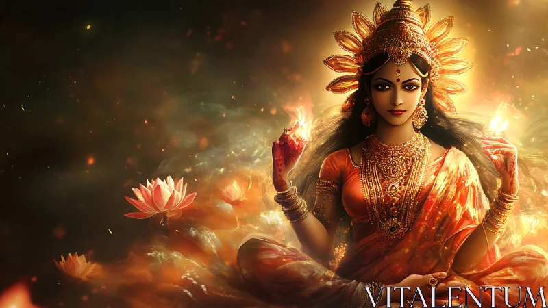 Fiery lotus goddess in ornate orange sari with radiant halo