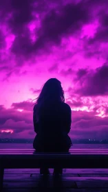 Silhouetted woman contemplates a vivid neon violet sunset sky