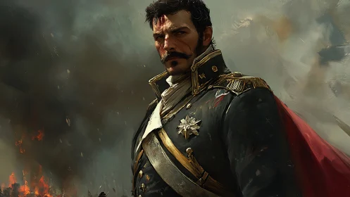 Battle-scarred general in ornate uniform amid smoke and embers