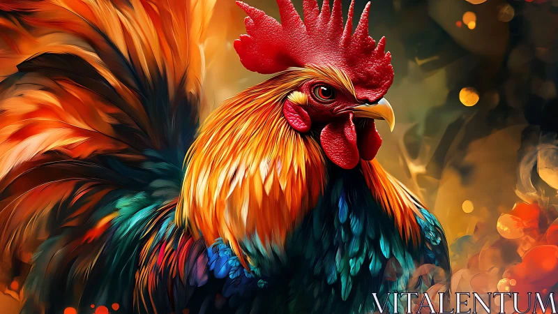 Stylized rooster portrait with layered color gradients.