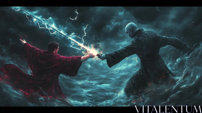 Robe clad figures duel with converging energy in storm.