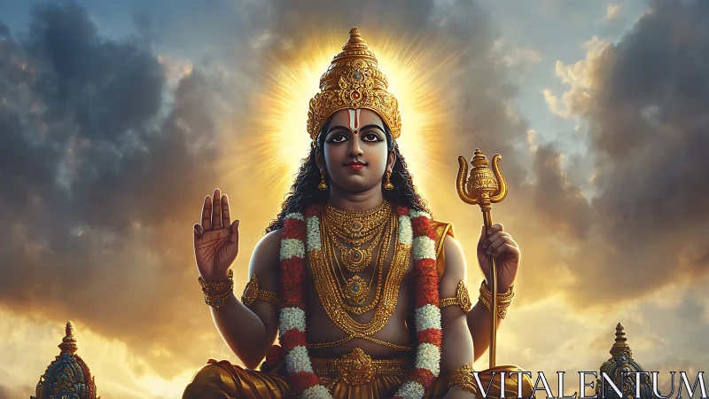 Radiant Hindu deity statue glows softly against golden sky