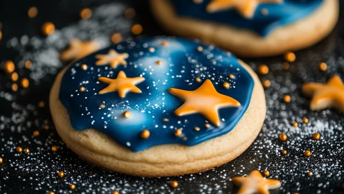 Midnight galaxy sugar cookies crowned with golden icing stars.