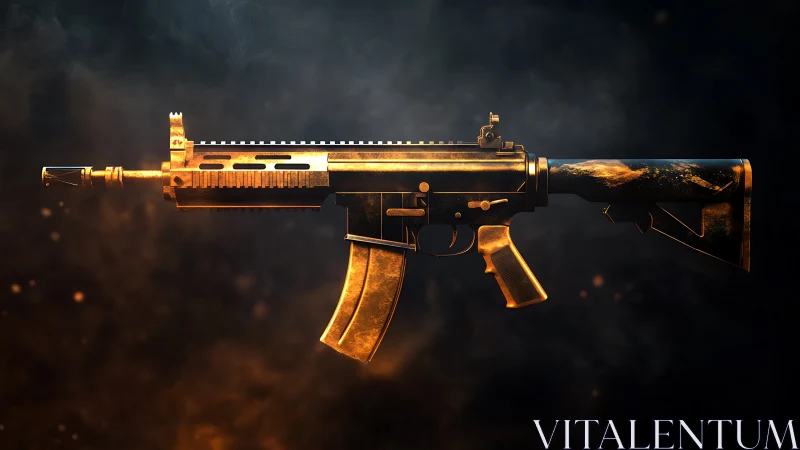 Gold-plated assault rifle render with cinematic volumetric haze.
