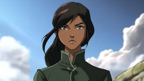 Focused anime heroine under dramatic open sky