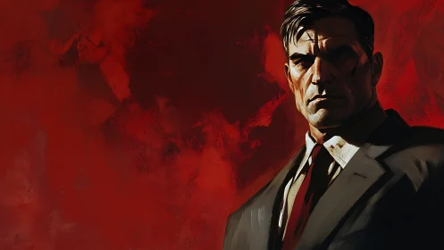 Stoic suited enforcer against high-saturation crimson field.