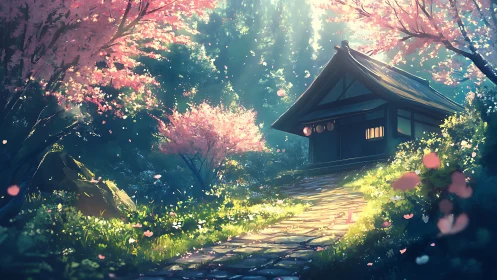 Sunlit sakura garden leads toward secluded Japanese teahouse