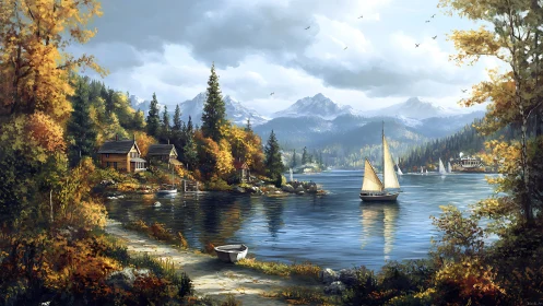 Sailboat drifting through golden lakeside cabin hush.