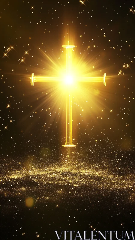 Radiant golden cross glowing in a star filled dark space.
