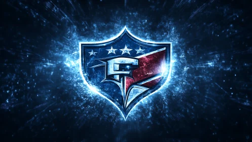 Shield emblem with stylized letter G rendered in blue light