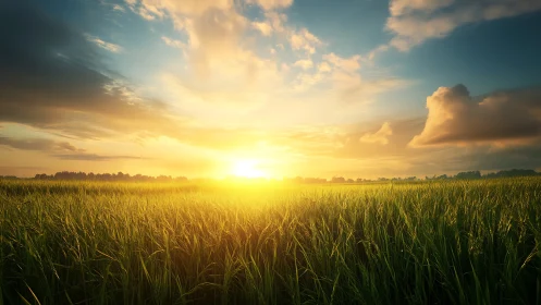 Sunrise over lush green field under glowing cloudscape.