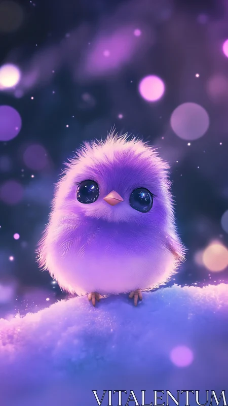 Violet baby bird on snow with glowing bokeh lights.