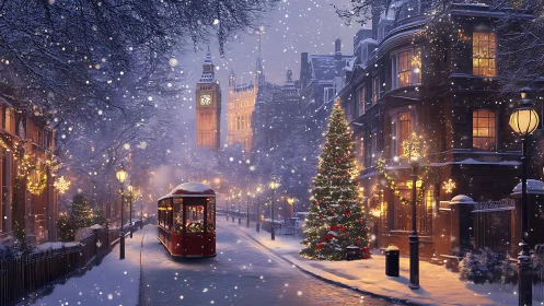 Snowy London streetcar gliding past a glowing Christmas tree.