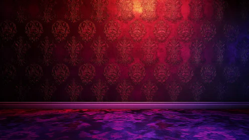 Textured red and purple damask wall with colored floor.