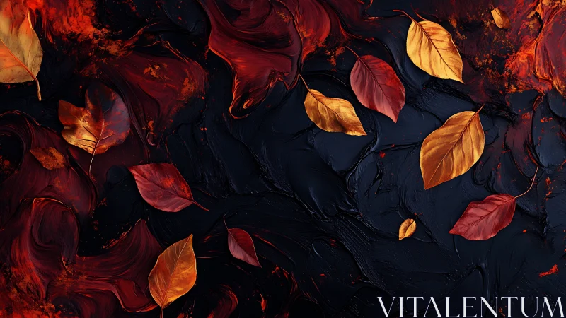 Golden autumn leaves drift over dark textured paint