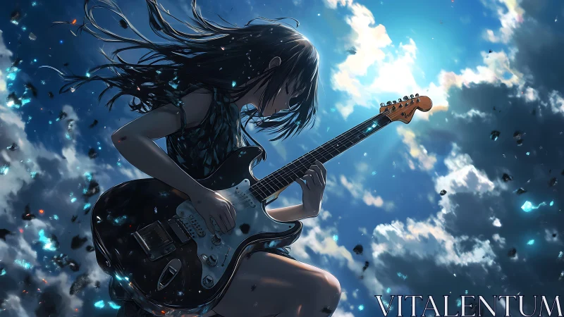 Guitarist silhouette ignites the sky with soaring blue energy