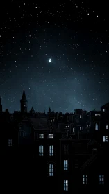 Moonlit city rooftops rest beneath a quiet starry sky