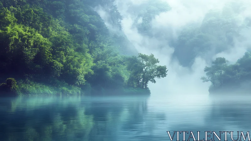 Gentle mist wraps a tranquil forest lake in quiet calm