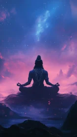 Meditating deity under cosmic sky in neon twilight haze.