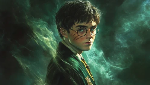 Youthful wizard portrait amid swirling emerald magical haze