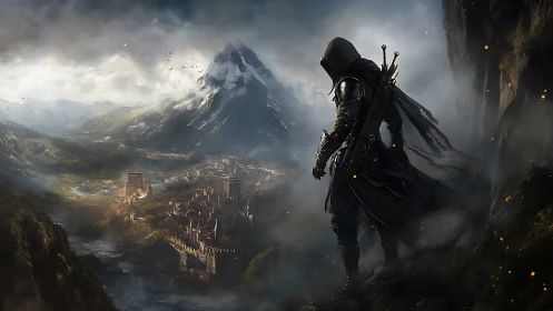 Hooded warrior overlooking fortified mountain city at dusk.