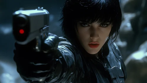 Intense cybernetic agent aiming pistol in cold rain-soaked alley.