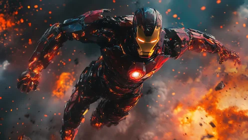 Armored hero soaring through explosive battlefield skies.