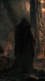 Dark robed warlock surveys burning citadel in ash clouds.