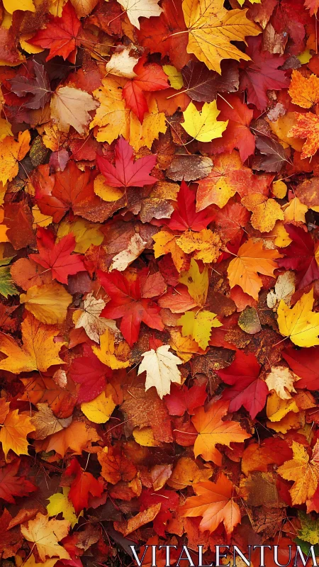 Leaves compose a fiery autumn quilt across the forest floor
