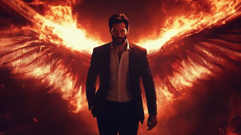 Fiery winged antihero strides from inferno with dark resolve