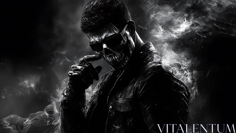 Brooding skull-masked figure wrapped in smoky monochrome drama.
