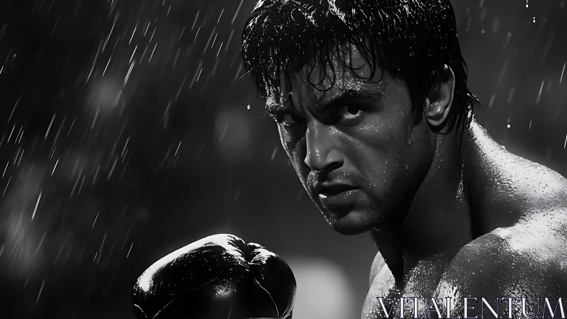 Monochromatic boxer profile with precipitation cascade and muscular intensity.