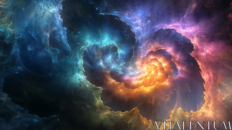 Swirling cosmic nebula glows with playful rainbow starlight.