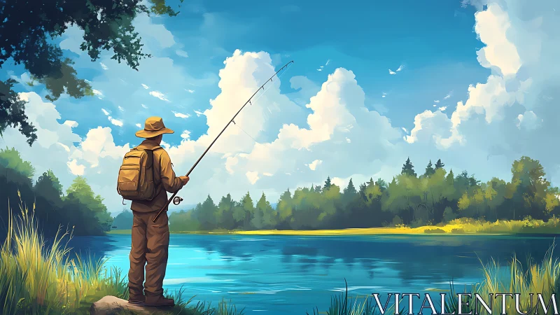 Solitary angler studies reflective river under towering cumulus