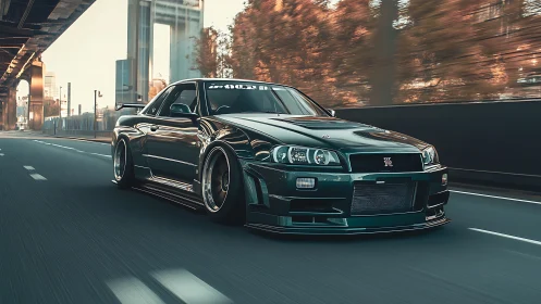 Tuned dark green sports coupe accelerates on empty highway