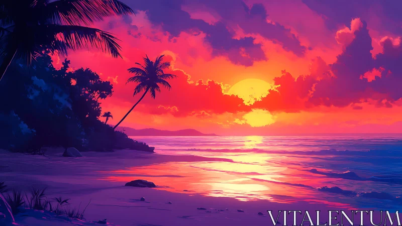 Tropical shoreline sunset with saturated magenta and orange sky