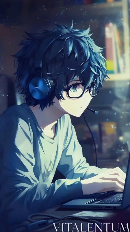 Focused gamer with headset at backlit laptop in soft bokeh light