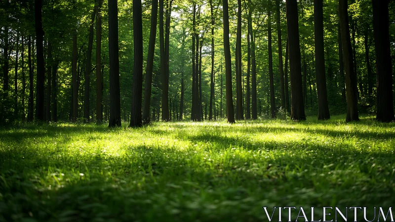 Sunlit Forest Clearing with Tall Trees in Natural Style.