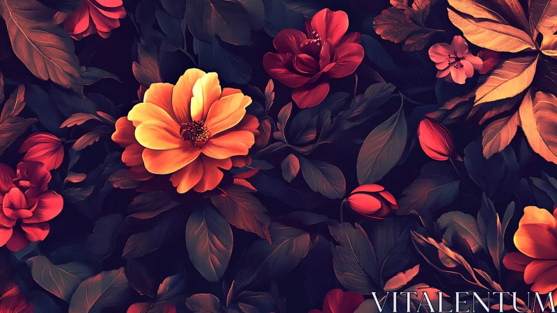 Vibrant Orange Blooms Against Dark Foliage and Deep Red Flowers