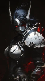 Armored humanoid figure with red eyes in dark setting.