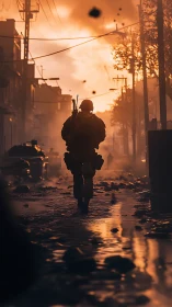 Soldier silhouette in urban street during orange sunset.