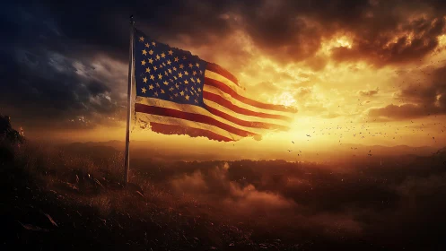 United States flag over dark landscape at dramatic sunset.