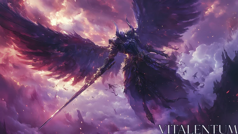 Armored dark angel warrior dominates a violent purple sky.