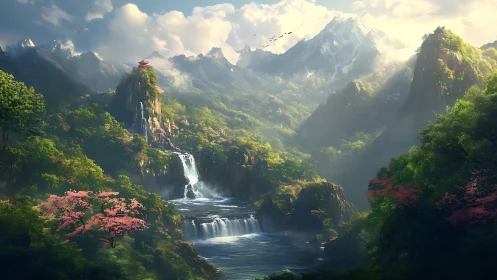 Sunlit mountain sanctuary overlooks cascading tiered waterfalls